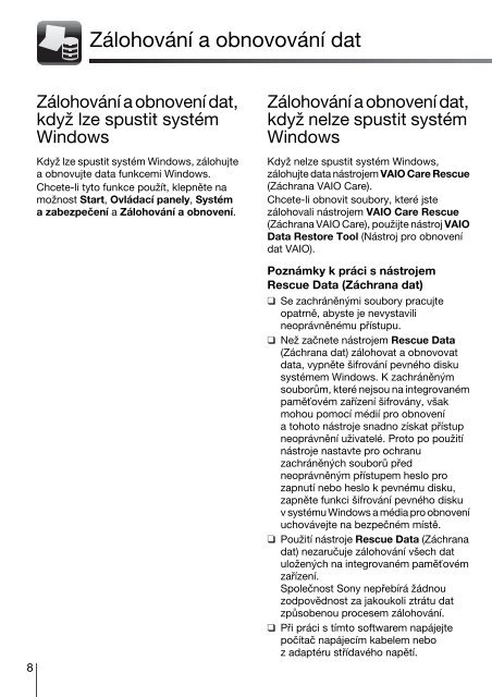 Sony VPCEB3Z1R - VPCEB3Z1R Guida alla risoluzione dei problemi Ceco