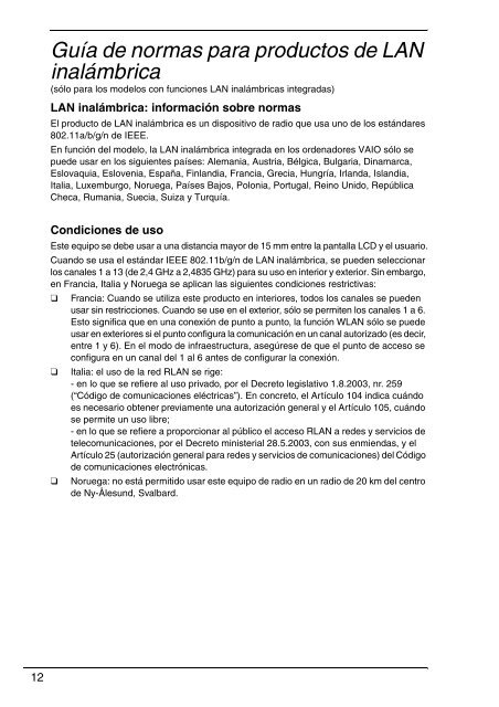 Sony VPCEB3Z1R - VPCEB3Z1R Documenti garanzia Spagnolo