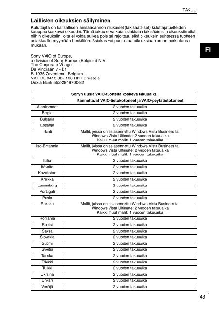 Sony VGC-JS3E - VGC-JS3E Documenti garanzia Finlandese