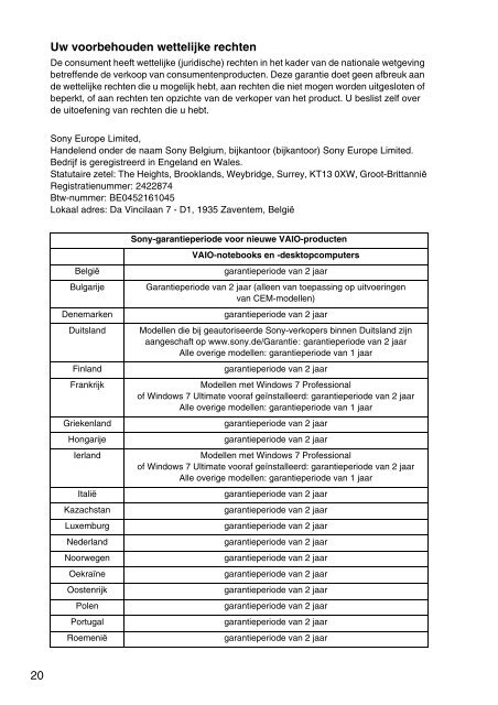 Sony VPCEH3M1E - VPCEH3M1E Documenti garanzia Olandese