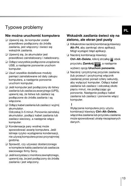 Sony VPCJ12M1E - VPCJ12M1E Guida alla risoluzione dei problemi Polacco