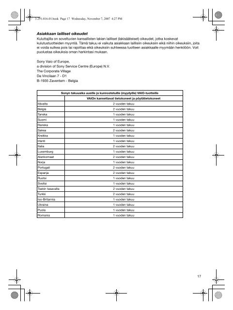 Sony VGC-LT2S - VGC-LT2S Documenti garanzia Finlandese