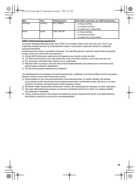 Sony VGC-LT2S - VGC-LT2S Documenti garanzia Finlandese