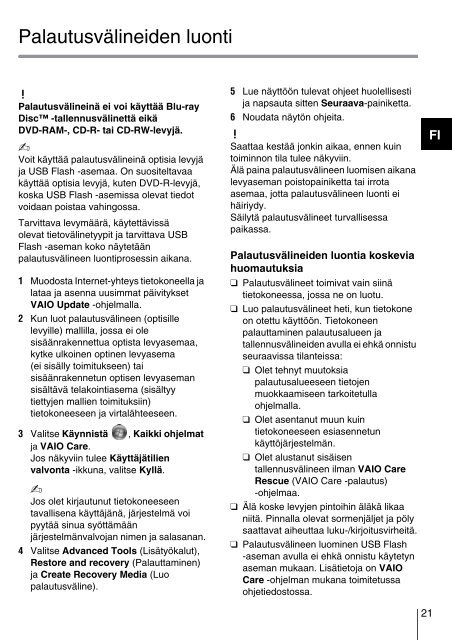 Sony VPCCA3X1R - VPCCA3X1R Guida alla risoluzione dei problemi Finlandese