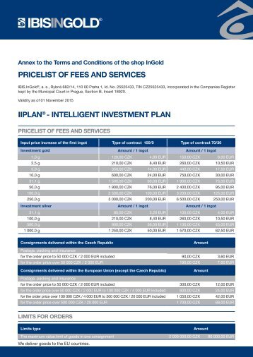 PRICELIST OF FEES AND SERVICES IIPLAN - INTELLIGENT INVESTMENT PLAN
