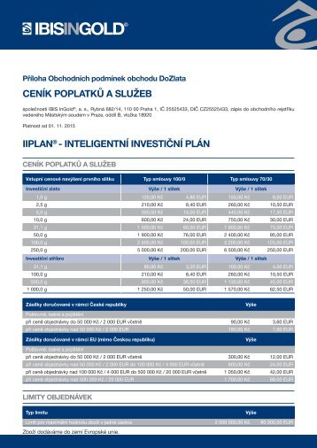 CENÍK POPLATKŮ A SLUŽEB IIPLAN - INTELIGENTNÍ INVESTIČNÍ PLÁN