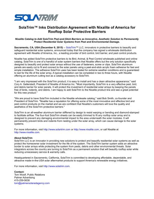 SolaTrim™ Inks Distribution Agreement with Nixalite of America for Rooftop Solar Protective Barriers
