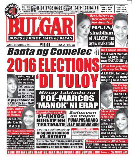 December 7, 2015 BULGAR: BOSES NG PINOY, MATA NG BAYAN