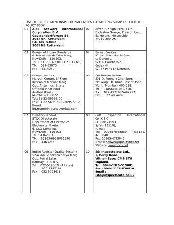 list of pre-shipment inspection agencies for melting scrap list