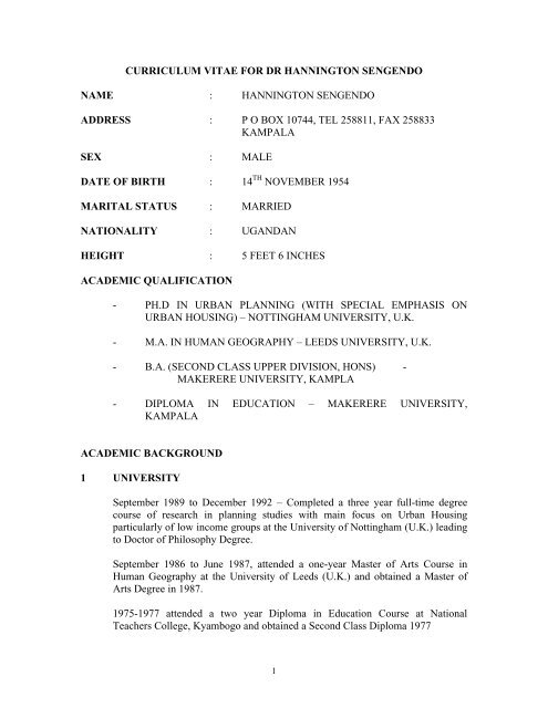 curriculum vitae for dr hannington sengendo name - Makerere ...