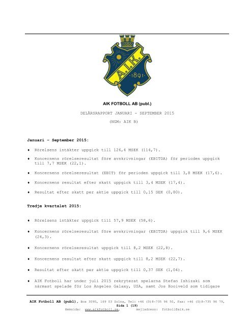 aik fotboll ab - delårsrapport q3 2015