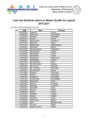 Liste des étudiants admis en Master Qualité du Logiciel 2015-2017