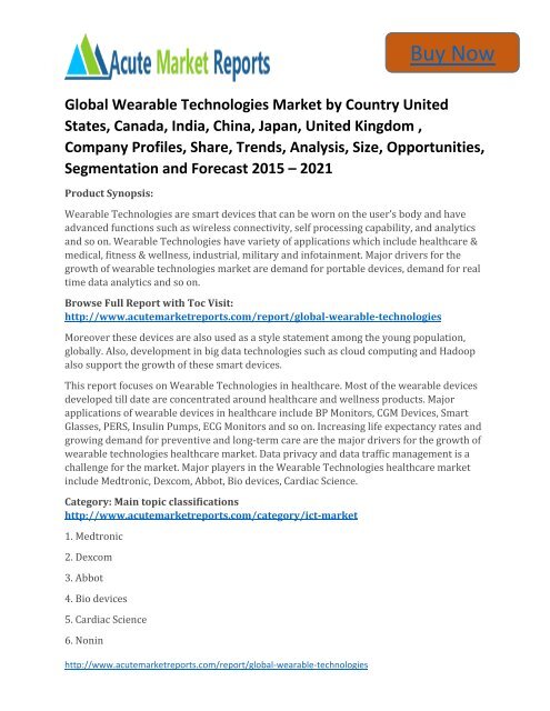 Business Survey: Wearable Technologies market 2015 to 2021 Trends and Forecast