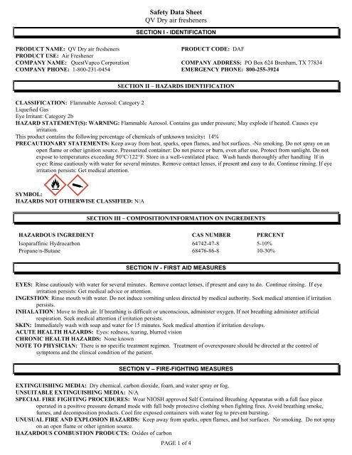 Safety Data Sheet QV Dry air fresheners
