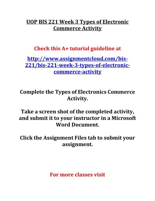 UOP BIS 221 Week 3 Types of Electronic Commerce Activity