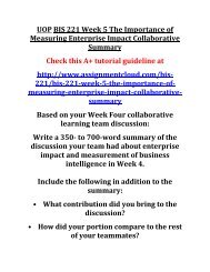 UOP BIS 221 Week 5 The Importance of Measuring Enterprise Impact Collaborative Summary