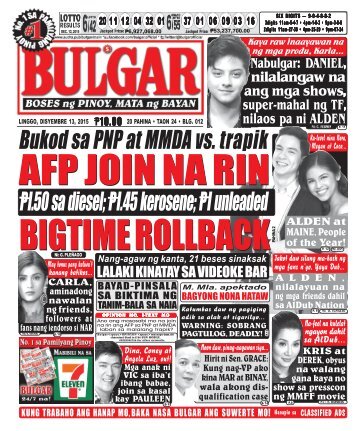 December 13, 2015 BULGAR: BOSES NG PINOY, MATA NG BAYAN