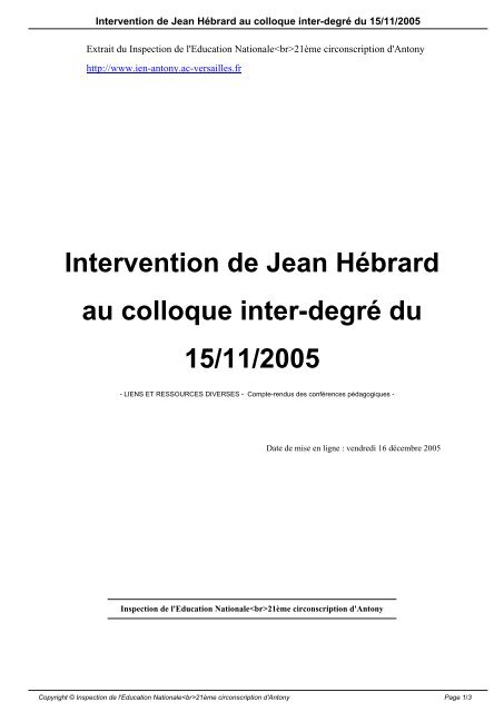 Intervention de Jean Hébrard au colloque inter-degré du 15/11/2005