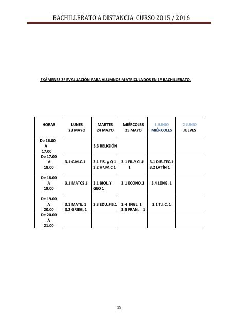 BACHILLERATO A DISTANCIA CURSO 2015 / 2016