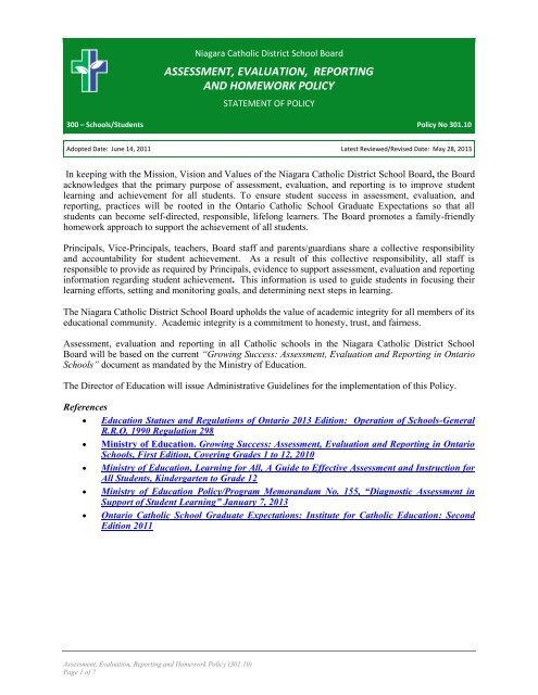 ASSESSMENT EVALUATION REPORTING AND HOMEWORK POLICY