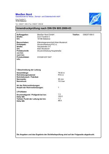 Musterprotokoll Hochdruckprüfung / Druckleitungsprüfung nach DIN EN 805 / DIN 4279