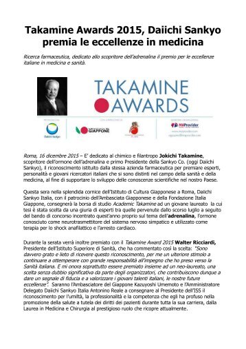 Takamine Awards 2015 Daiichi Sankyo premia le eccellenze in medicina