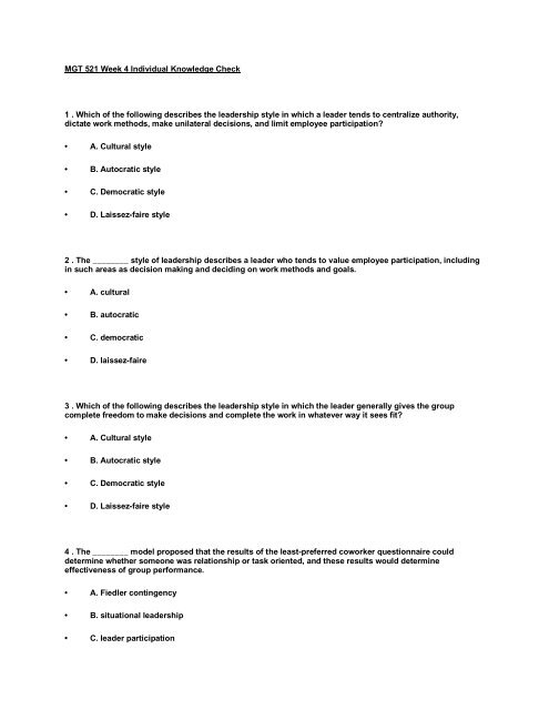 MGT 521 Week 4 Individual Knowledge Check