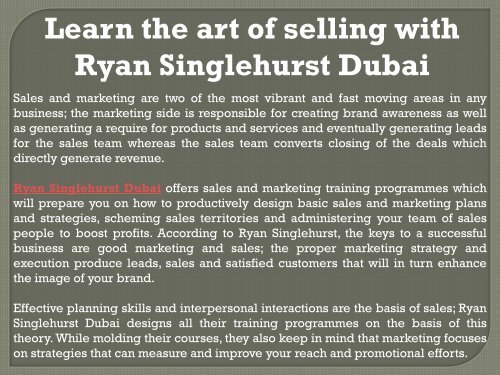 Learn the art of Sales with Ryan Singlehurst Dubai