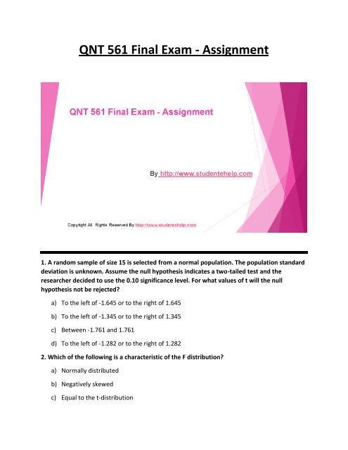 QNT 561 Final Exam Latest Assignments