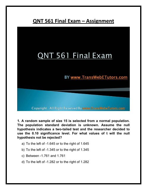 QNT 561 Final Exam Question and Answers