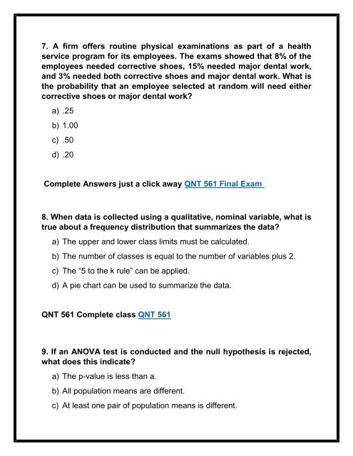 QNT 561 Final Exam Question and Answers