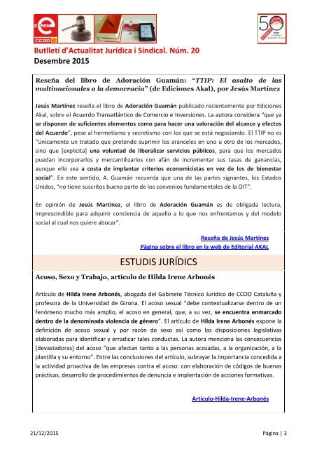 Butlletí d’Actualitat Jurídica i Sindical Núm 20 Desembre 2015