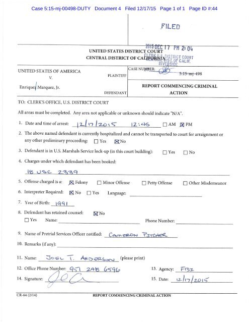 Case 5:15-mj-00498-DUTY Document 4 Filed 12/17/15 Page 1 of 1 Page ID #:44
