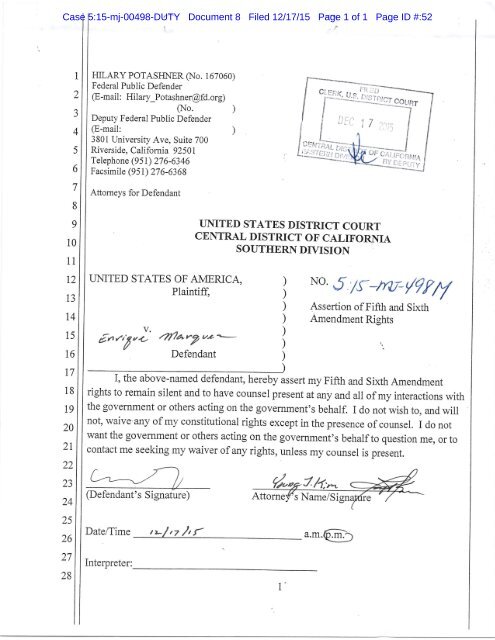 Case 5:15-mj-00498-DUTY Document 4 Filed 12/17/15 Page 1 of 1 Page ID #:44