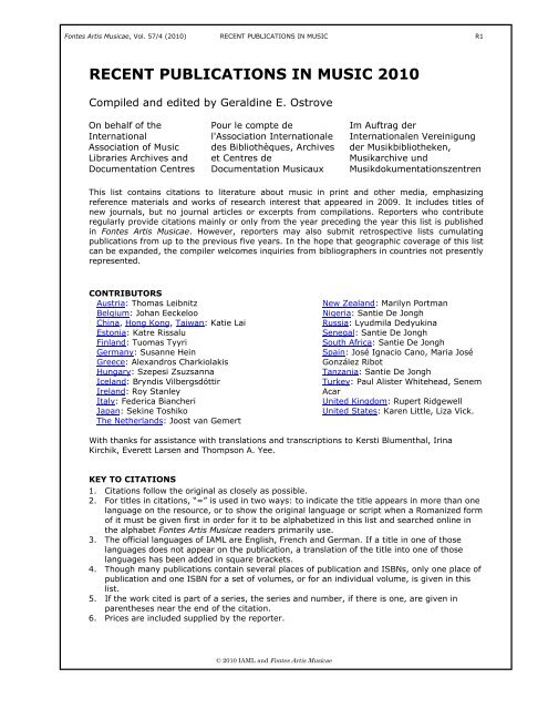 Recent Publications In Music 2010 Iaml