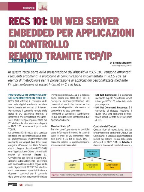 RECS 101: UN WEB SERVER EMBEDDED PER APPLICAZIONI DI CONTROLLO REMOTO TRAMITE TCP/IP Terza parte - Fare Elettronica n. 216 - Giugno 2003 - Anno 19