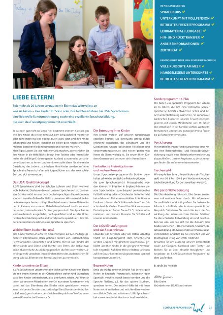 LISA! Sprachreisen Katalog 2016 – Fachberatung Oesterreich