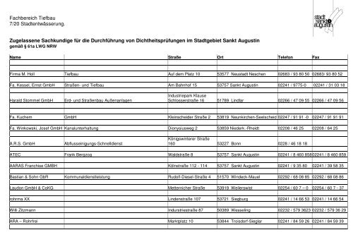 Fachbereich Tiefbau 7/20 Stadtentwässerung. - Stadt Sankt Augustin