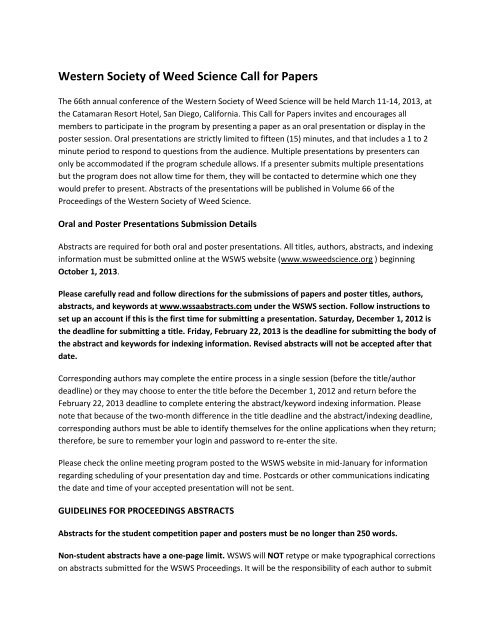 Western Society of Weed Science Call for Papers