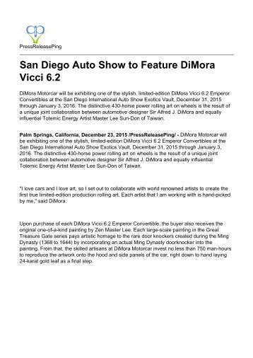 San Diego Auto Show to Feature DiMora Vicci 6.2