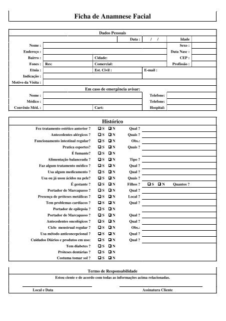 Ficha de Anamnese -Preenchimento Facial