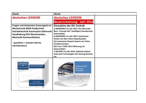 Technik-Weiterbildung: Katalog 2016 vom Woerterbuch - und Lexikonverlag Lehrmittel-Wagner (de-englisch Leseproben zu Mechatronik Elektronik Kfz)