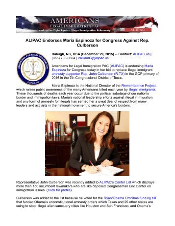 ALIPAC Endorses Maria Espinoza for Congress Against Rep. Culberson