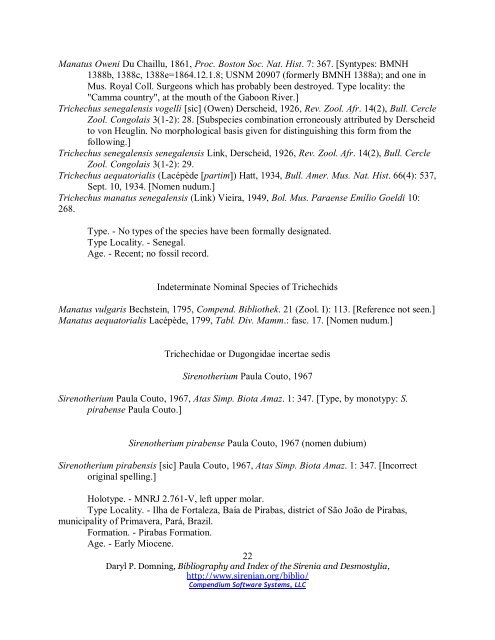 APPENDIX 4. Classification and Synonymy of the Sirenia and ...