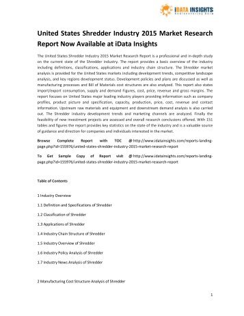 United States Shredder Industry 2015 Market Research Report Now Available at iData Insights