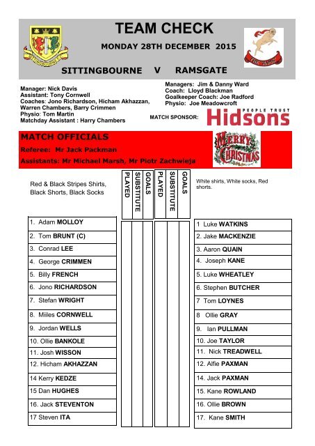 Sittingbourne v Ramsgate Match day programme 28th December 2015