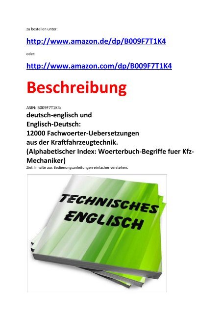 Woerterbuch-Begriffe fuer Kfz-Mechaniker: deutsch-englisch + en-de  Uebersetzungen der Automobiltechnik