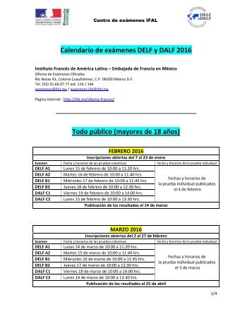 Calendario de exámenes DELF y DALF 2016 Todo público (mayores de 18 años)