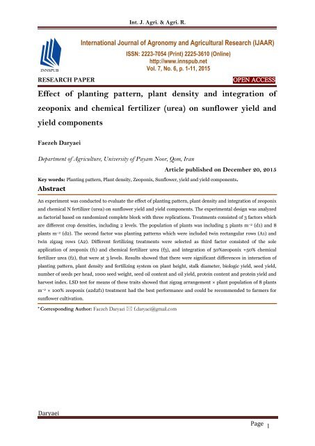 Effect of planting pattern, plant density and integration of zeoponix and chemical fertilizer (urea) on sunflower yield and yield components