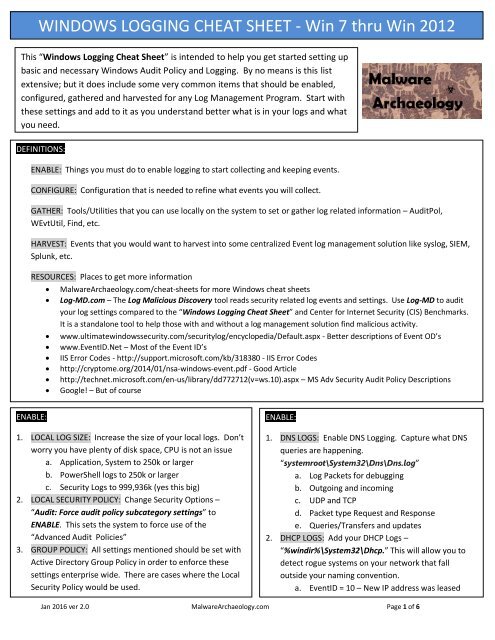 WINDOWS LOGGING CHEAT SHEET - Win 7 thru Win 2012